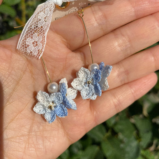 Blue Hydrangea flower cluster with pearls earrings/Microcrochet/Knitted jewelry/Summer earrings for her/Unique 5 petal flowers/Ship from US
