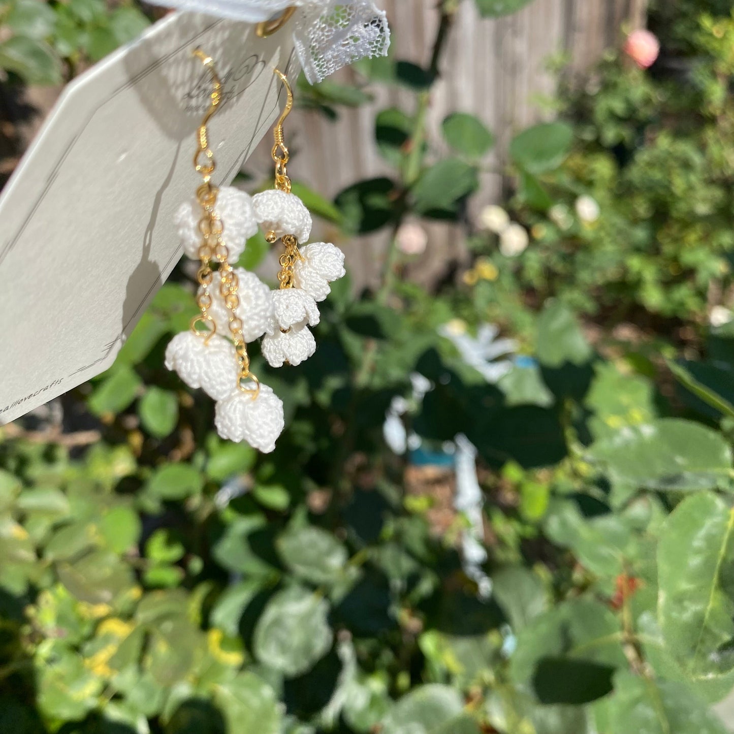 Lily of the valley flower with pearls crochet dangle earrings/Green bell shaped/ Microcrochet/14k gold plated/Knitting handmade jewelry