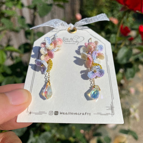 Pink Blue White Dreamy girly ombre flower cluster crochet dangle stud earrings/Micro crochet/14k gold/gift for her/Knitting handmade jewelry