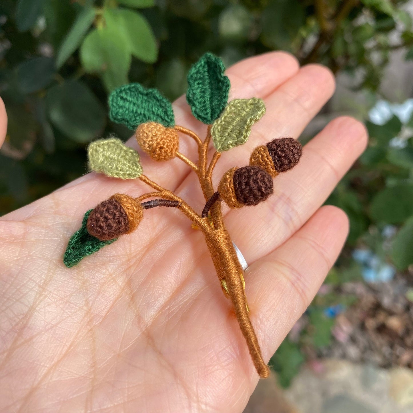 Christmas Acorn branch crochet brooch/Micro crochet /Handmade fall Winter embroidery jewelry/Christmas gift for her
