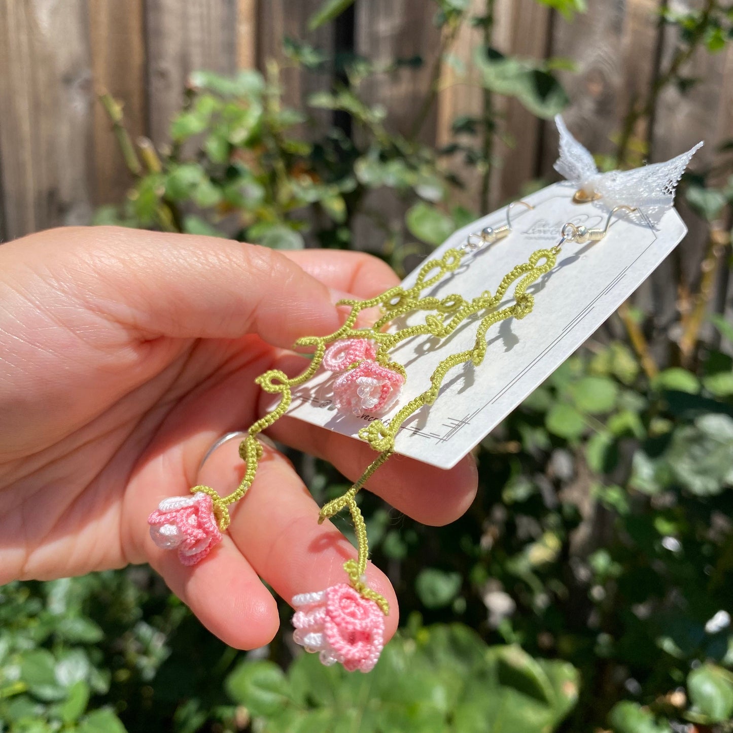 Pink flower vine Tatting earrings/Lace tat/Crochet doily like technique/Handmade jewelry/eco friendly flower/Gift for her/Ship from US
