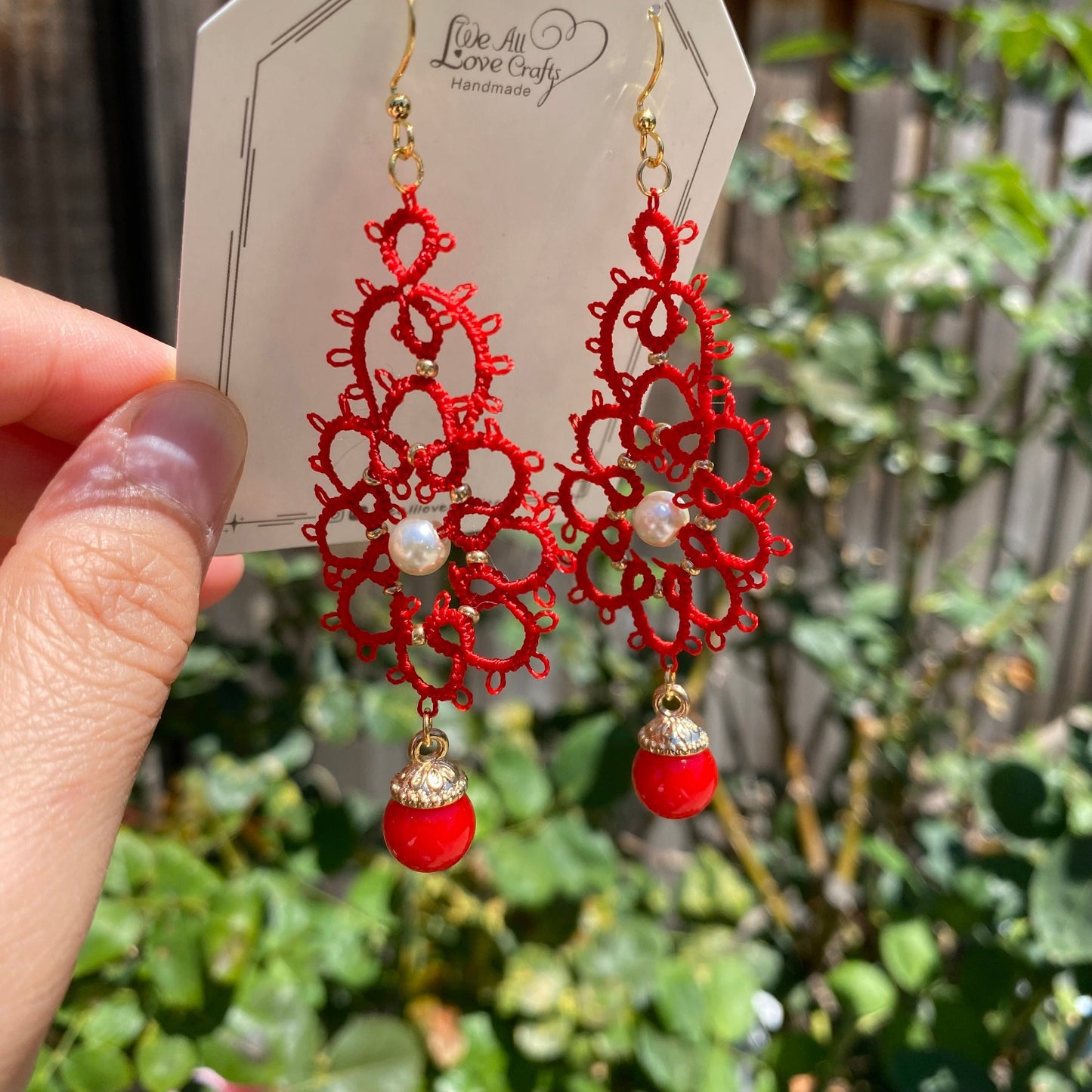 Red Wedding Tatting earrings/Lace tat/Crochet doily like technique/Handmade jewelry/eco friendly flower/Gift for her/Ship from US