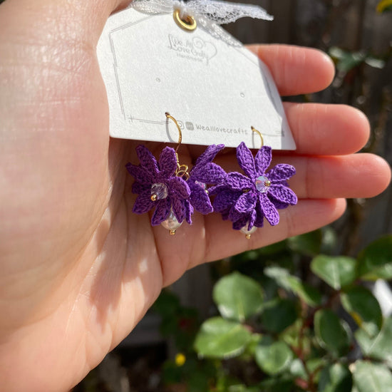Dark Purple flower cluster ball crochet dangle earrings/Micro crochet/14k gold plated/gift for her/Knitting handmade jewelry/Ship from US