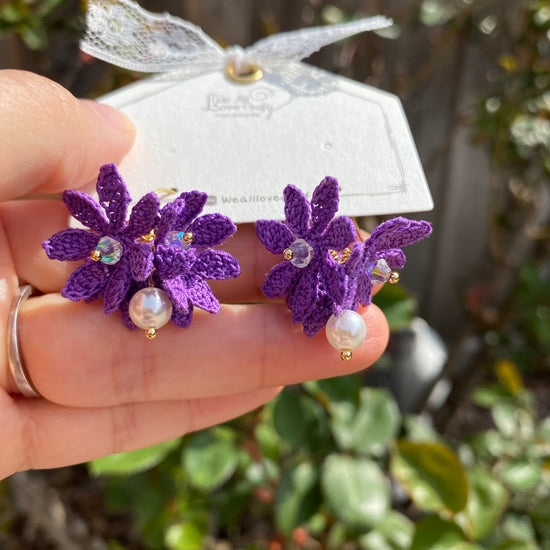 Dark Purple flower cluster ball crochet dangle earrings/Micro crochet/14k gold plated/gift for her/Knitting handmade jewelry/Ship from US
