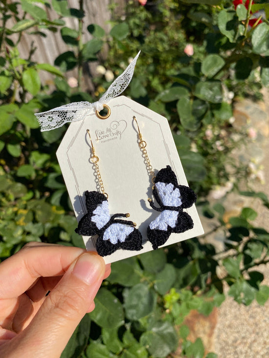 Black and White marble Butterfly crochet dangle earrings/Microcrochet/gift for her/Knitting handmade jewelry/Butterfly garden present