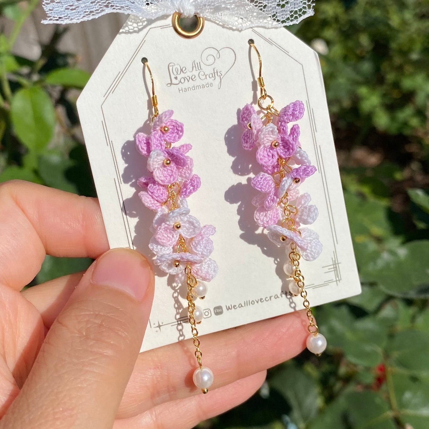 Light purple and pink ombre flower cluster crochet dangle earrings/Microcrochet/14k gold/gift for her/Knitting handmade jewelry/Ship from US