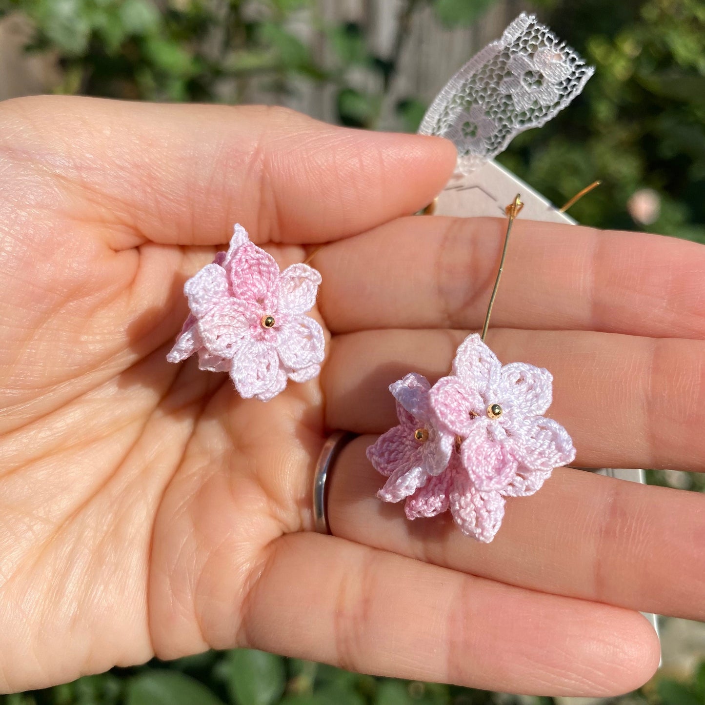 Pink Hydrangea flower cluster with pearls earrings/Microcrochet/Knitted jewelry/Summer earrings for her/Unique 5 petal flowers/Ship from US