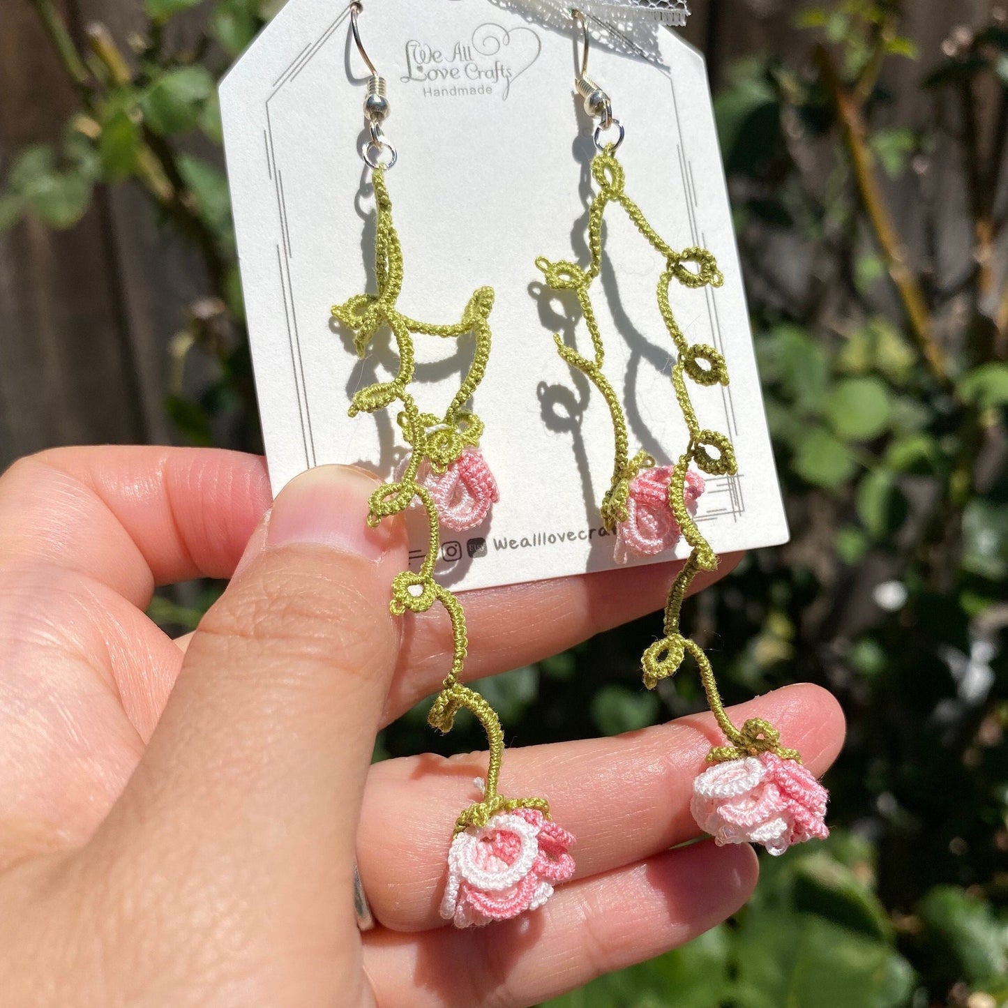 Pink flower vine Tatting earrings/Lace tat/Crochet doily like technique/Handmade jewelry/eco friendly flower/Gift for her/Ship from US