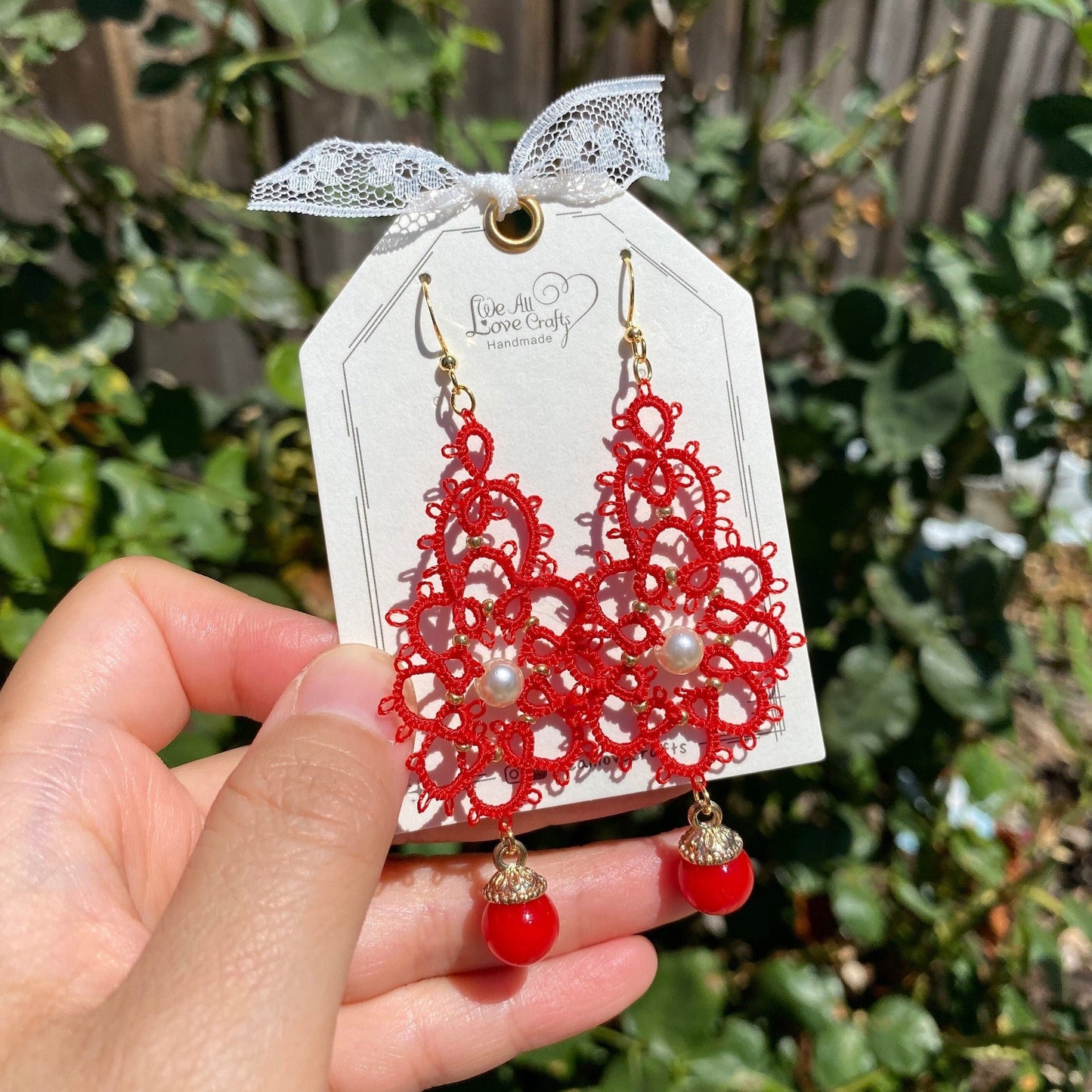 Load image into Gallery viewer, Red Wedding Tatting earrings/Lace tat/Crochet doily like technique/Handmade jewelry/eco friendly flower/Gift for her/Ship from US
