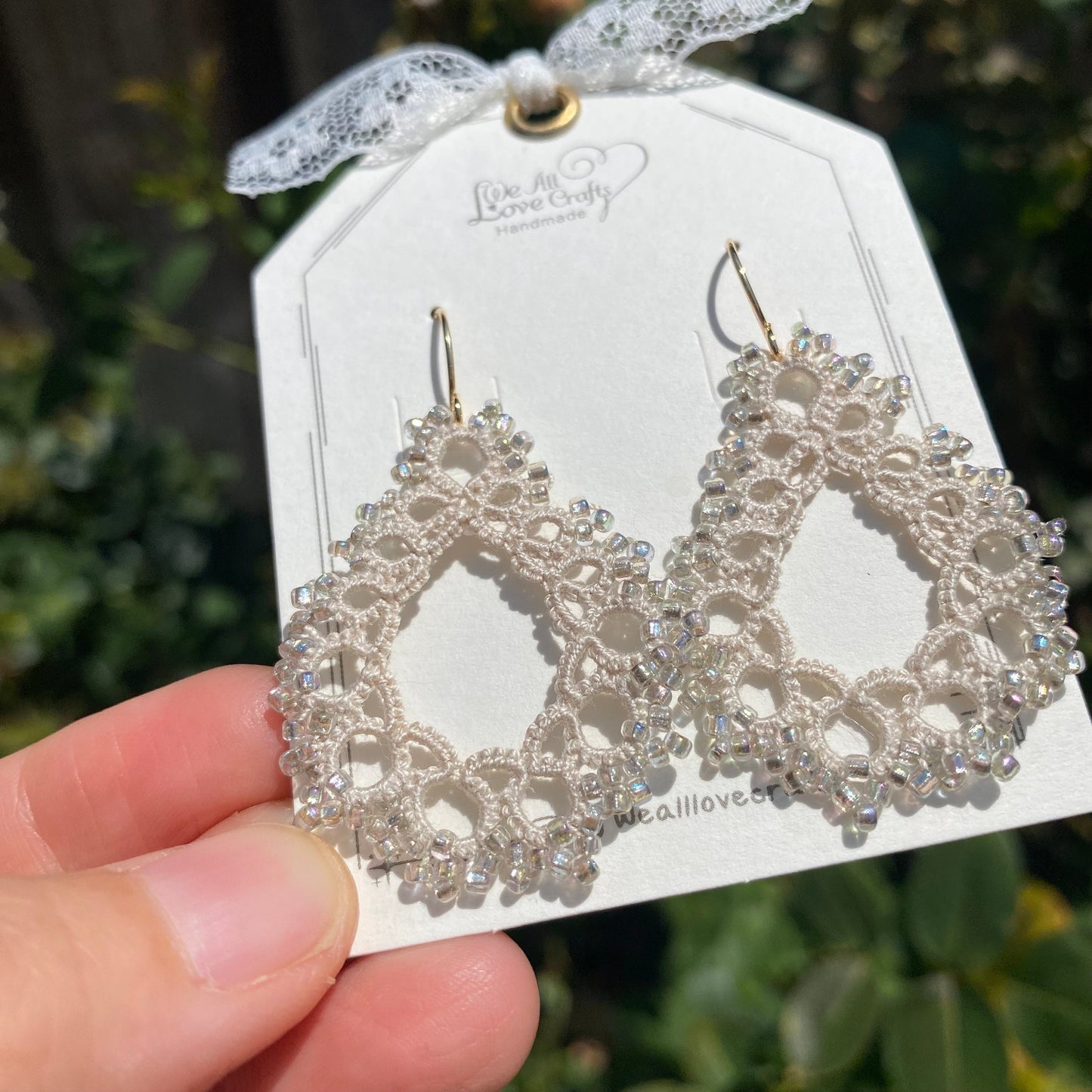 Gray lace beaded Wedding Tatting earrings/Lace tat/Crochet doily like technique/Handmade jewelry/eco friendly/Gift for her/Ship from US