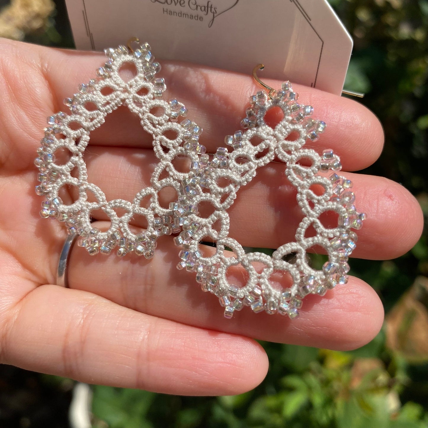 Gray lace beaded Wedding Tatting earrings/Lace tat/Crochet doily like technique/Handmade jewelry/eco friendly/Gift for her/Ship from US