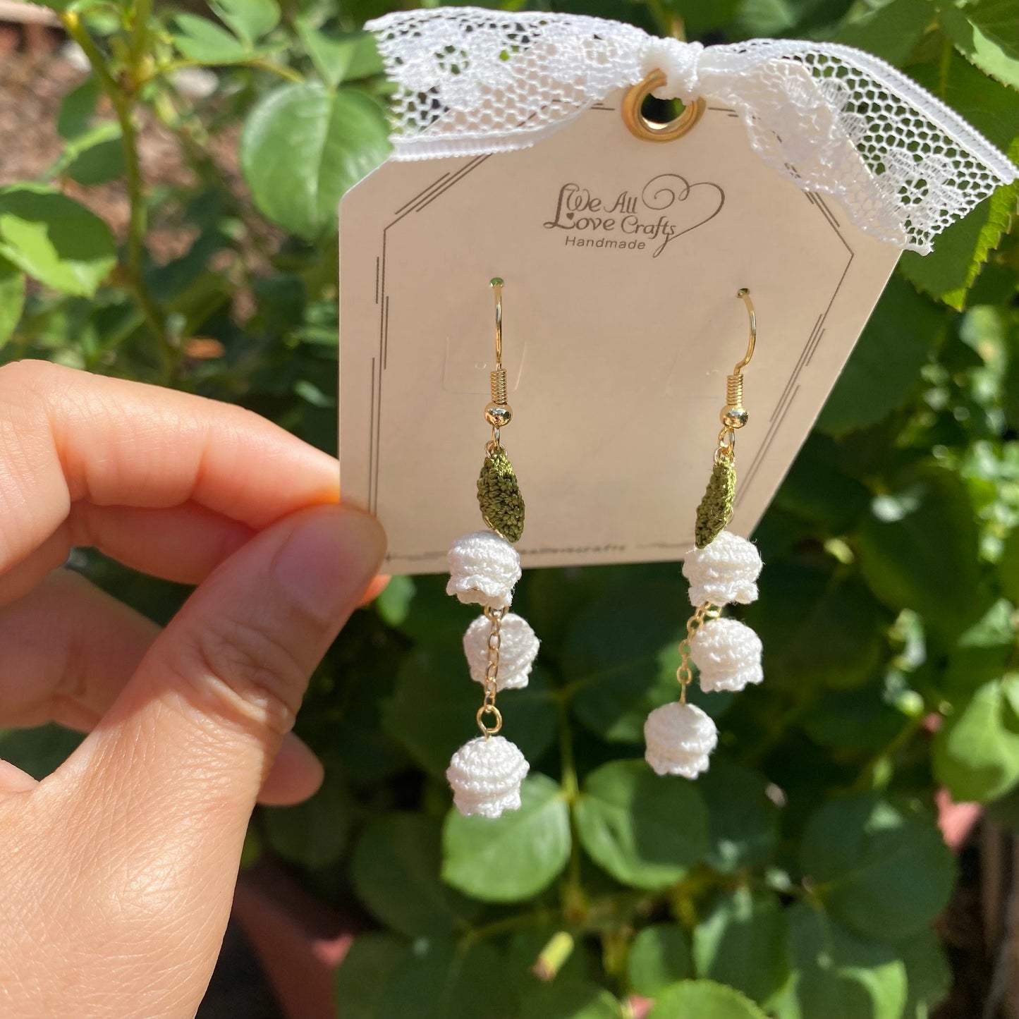 Lily of the valley flower crochet dangle earrings/Green bell shaped/ Microcrochet/14k gold plated/gift for her/Knitting handmade jewelry
