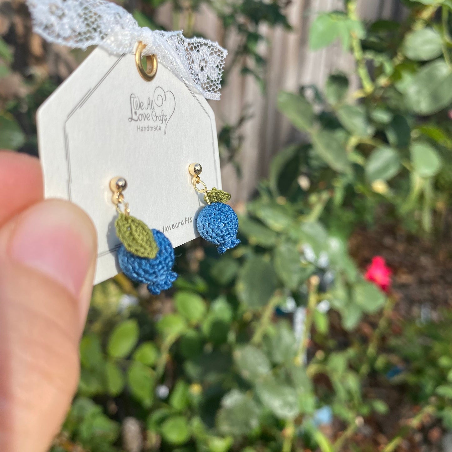 Blueberry with leaf crochet stud earrings/Microcrochet/14k gold jewelry/Summer fruit gift for her/Ship from US