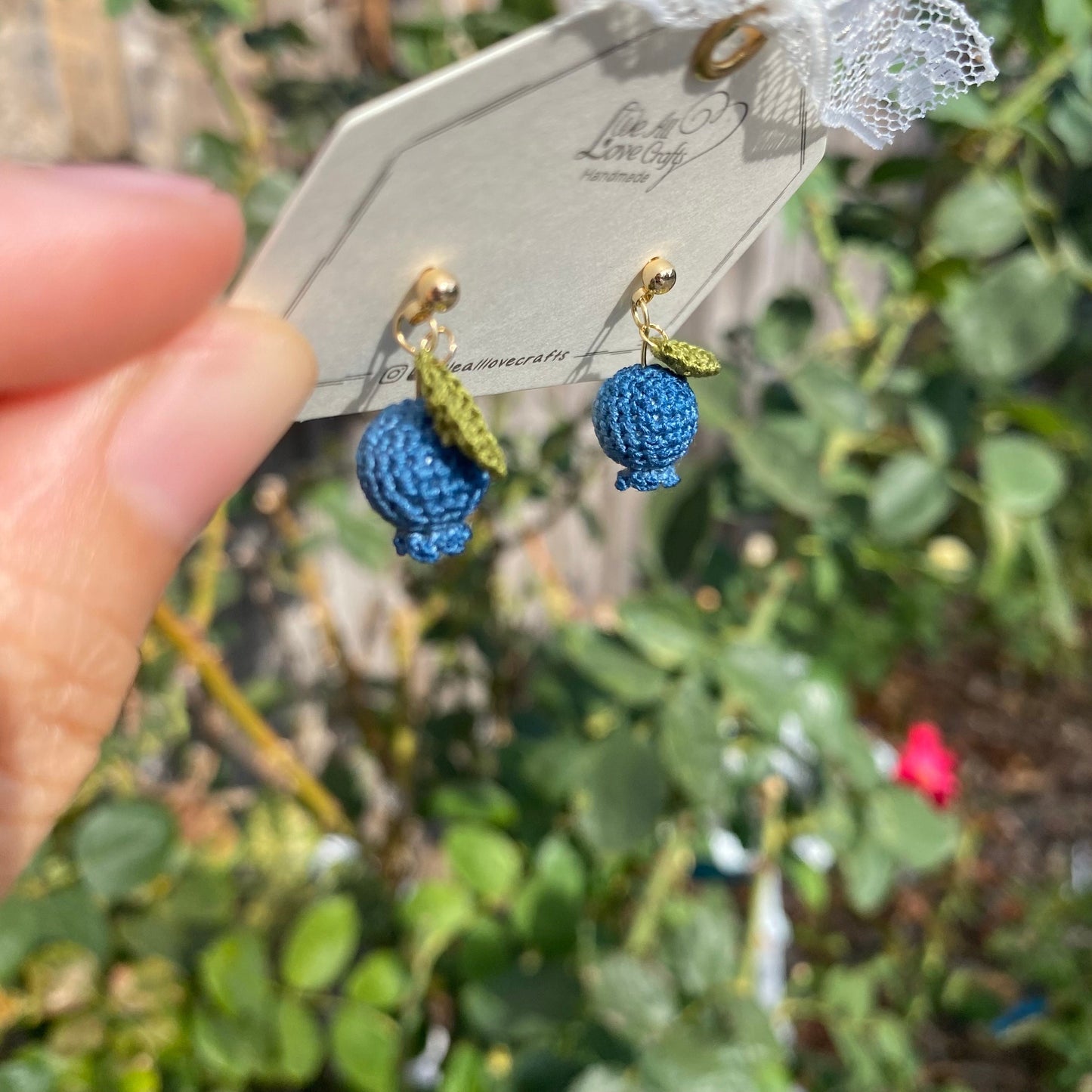 Blueberry with leaf crochet stud earrings/Microcrochet/14k gold jewelry/Summer fruit gift for her/Ship from US