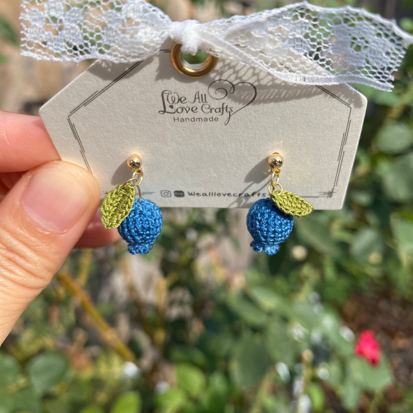 Blueberry with leaf crochet stud earrings/Microcrochet/14k gold jewelry/Summer fruit gift for her/Ship from US
