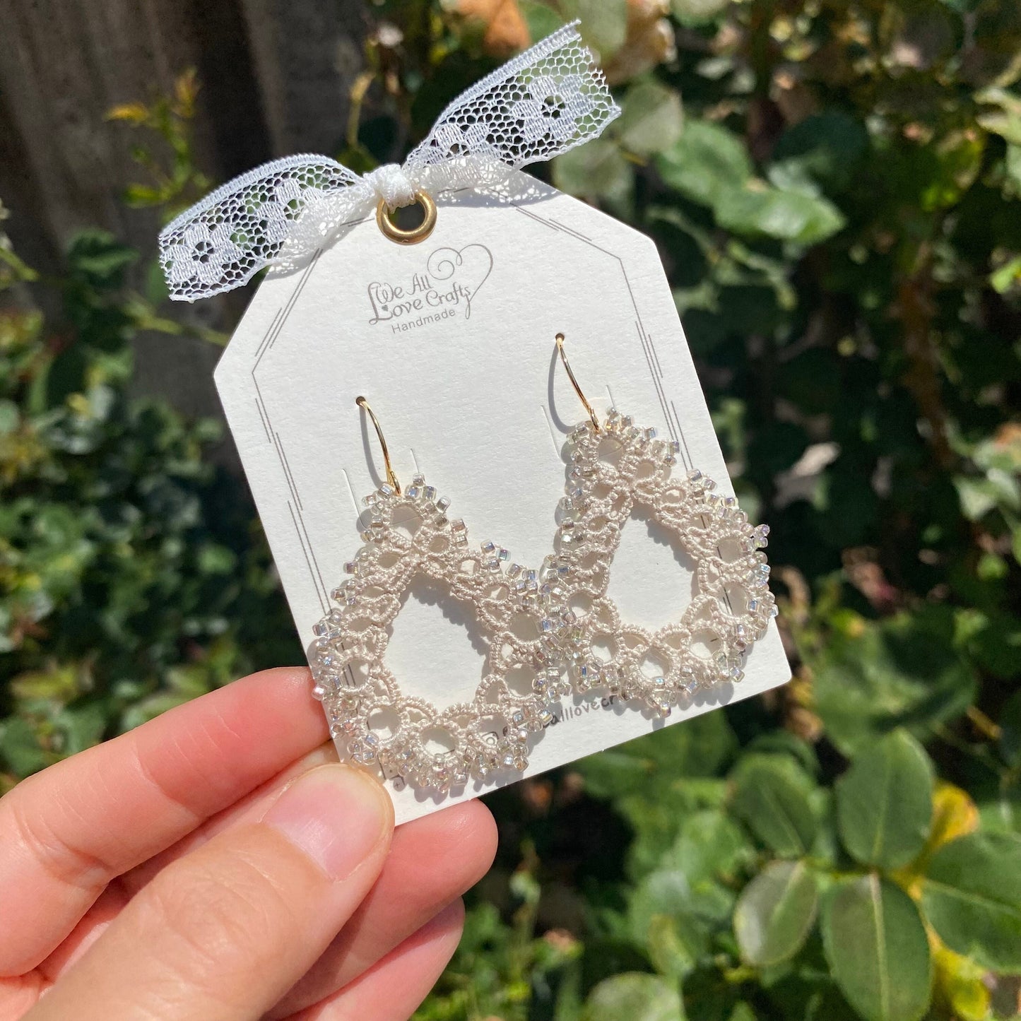 Gray lace beaded Wedding Tatting earrings/Lace tat/Crochet doily like technique/Handmade jewelry/eco friendly/Gift for her/Ship from US