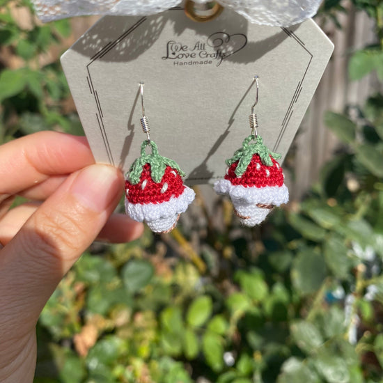 Load image into Gallery viewer, Strawberry Icecream cone crochet dangled earrings/Amigurumi/Micro crochet/14k gold jewelry/Summer fruit gift for her/Ship from US
