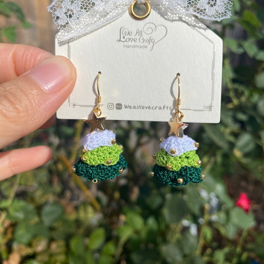 Christmas 3d layered tree crochet dangle earrings with beads/Microcrochet/gift for her/Knitting handmade jewelry/Ship from US