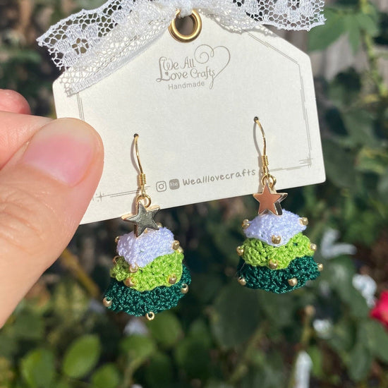 Christmas 3d layered tree crochet dangle earrings with beads/Microcrochet/gift for her/Knitting handmade jewelry/Ship from US