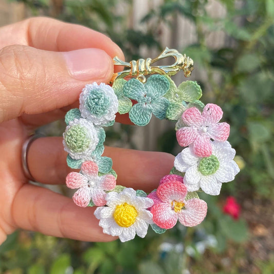 Pastel delicate flower Wreath crochet brooch/Micro crochet/Handmade Crochet brooch/Elegant brooch for her/Knitted flowers/Ship from US