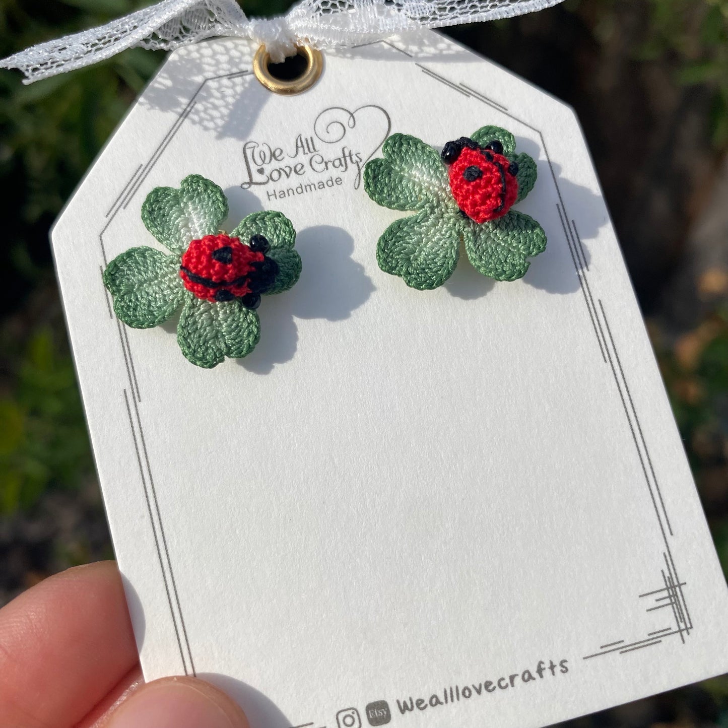 Green four leaf lucky clover with lady bug crochet handmade Stud earrings/microcrochet/Knitted jewelry/St. Patrick's day gift/Ship from US
