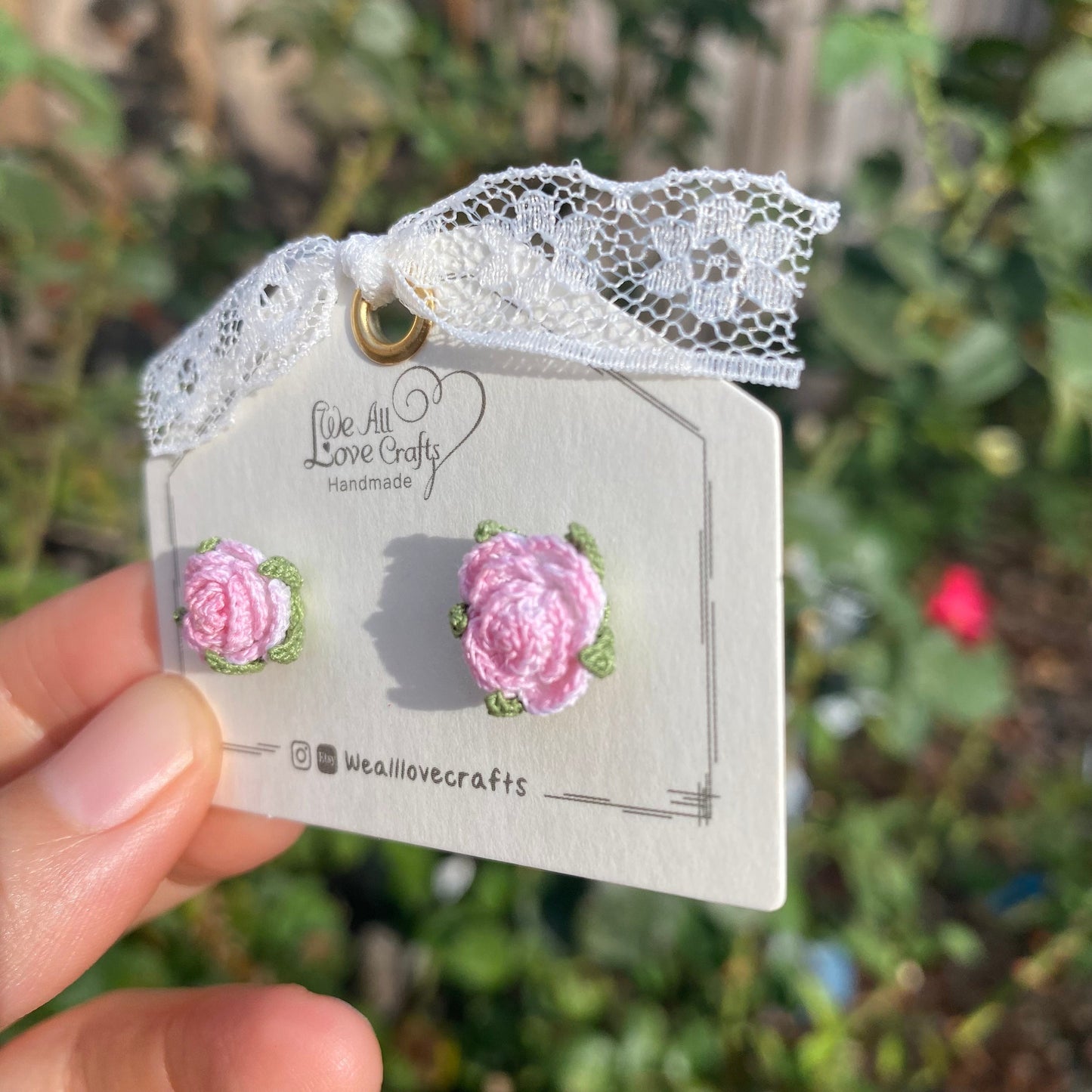 Pink rose crochet stud earrings/Microcrochet/14k gold/gift for her/hand dyed color/Knitting handmade jewelry/Ship from US