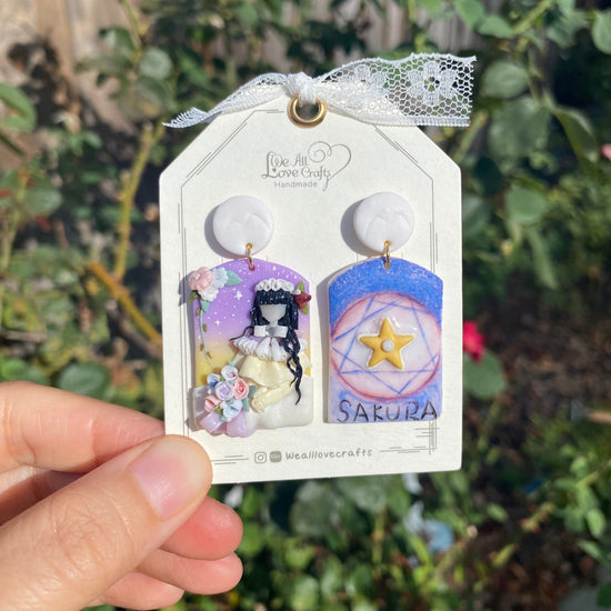 Load image into Gallery viewer, Girl with Magic power and Yellow flying Bear stud clay earrings/Magic cards/Amigurumi/Unique anime accessory/Ship from US
