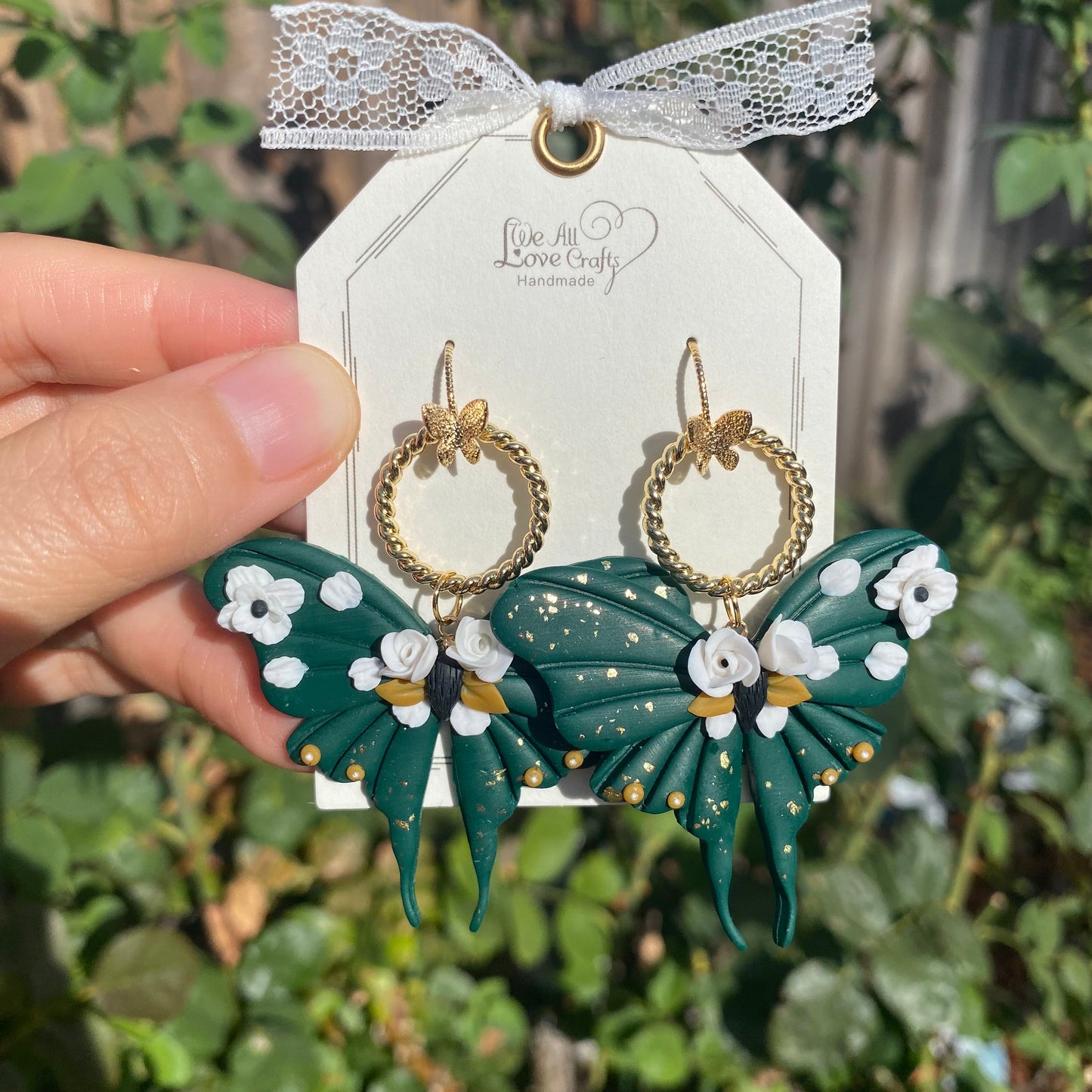 Vintage dark green butterfly with florals Polymer Clay handmade earrings/Wedding floral jewelry/bride and bridesmaid/Ship from US