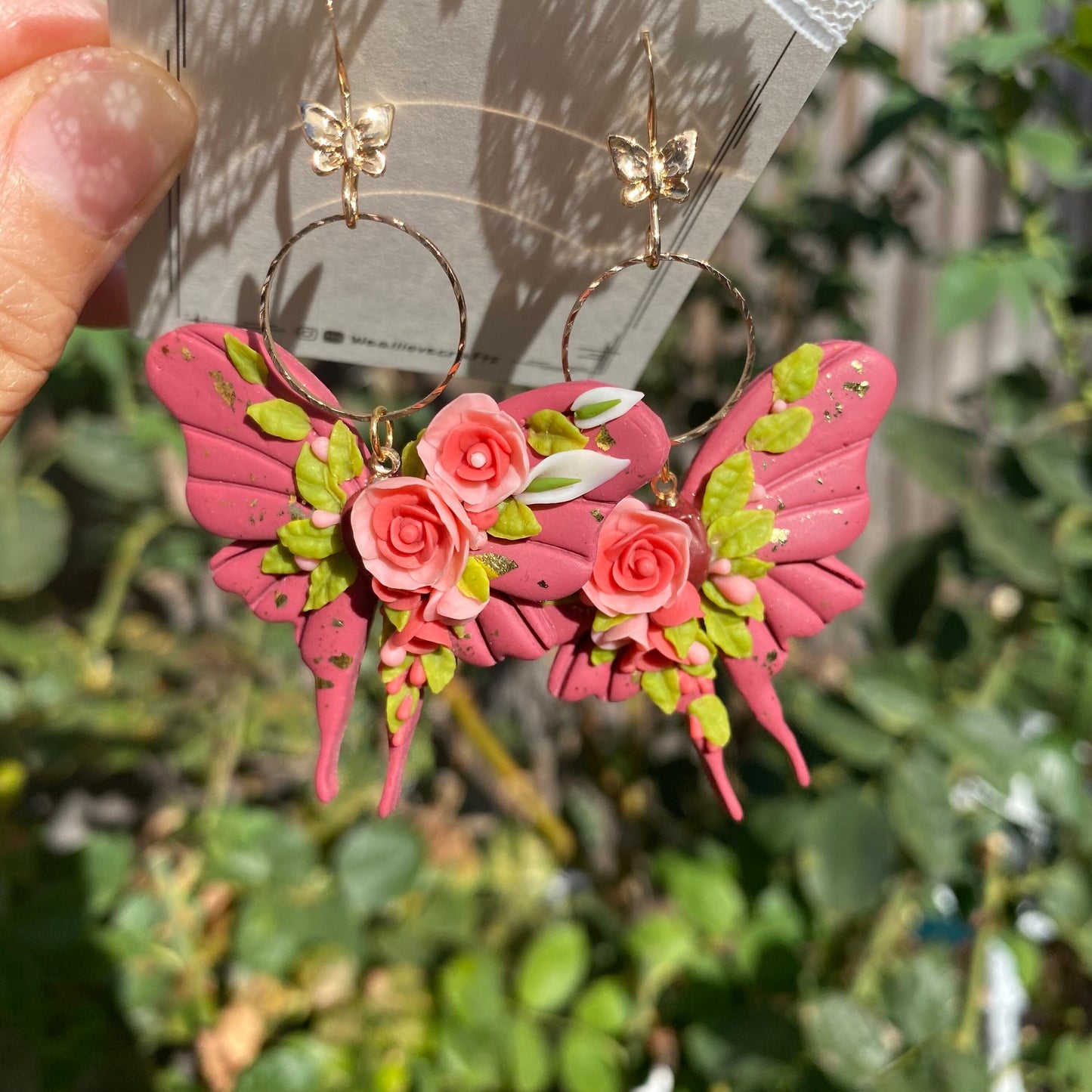 Red butterfly with florals Polymer Clay handmade earrings/Flower jewelry/Wedding flower earrings/bride and bridesmaid/Ship from US