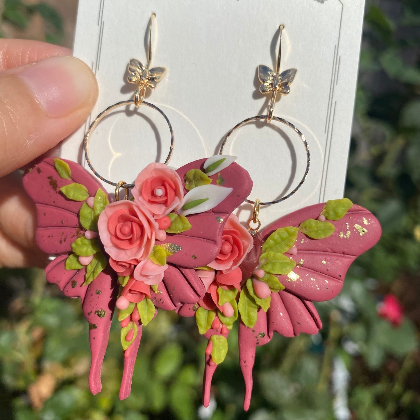 Red butterfly with florals Polymer Clay handmade earrings/Flower jewelry/Wedding flower earrings/bride and bridesmaid/Ship from US