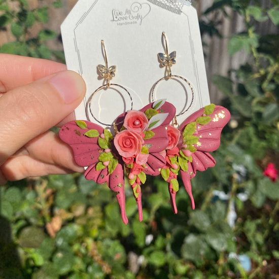 Load image into Gallery viewer, Red butterfly with florals Polymer Clay handmade earrings/Flower jewelry/Wedding flower earrings/bride and bridesmaid/Ship from US
