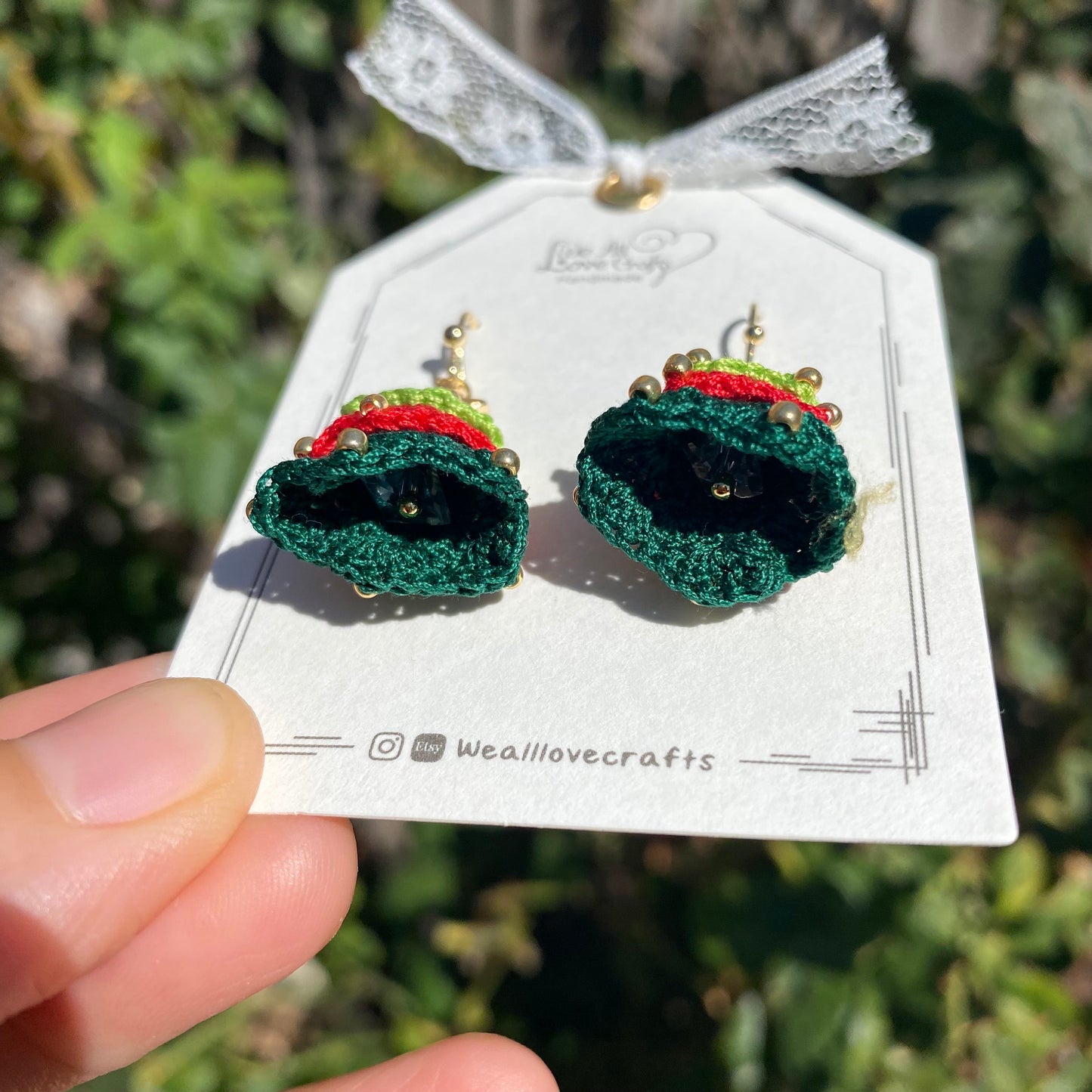 Christmas 3d layered tree crochet dangle earrings with beads/Red and Green/Microcrochet/gift for her/Knitting handmade jewelry/Ship from US