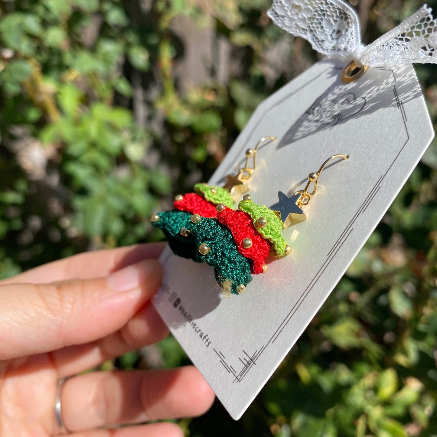 Load image into Gallery viewer, Christmas 3d layered tree crochet dangle earrings with beads/Red and Green/Microcrochet/gift for her/Knitting handmade jewelry/Ship from US
