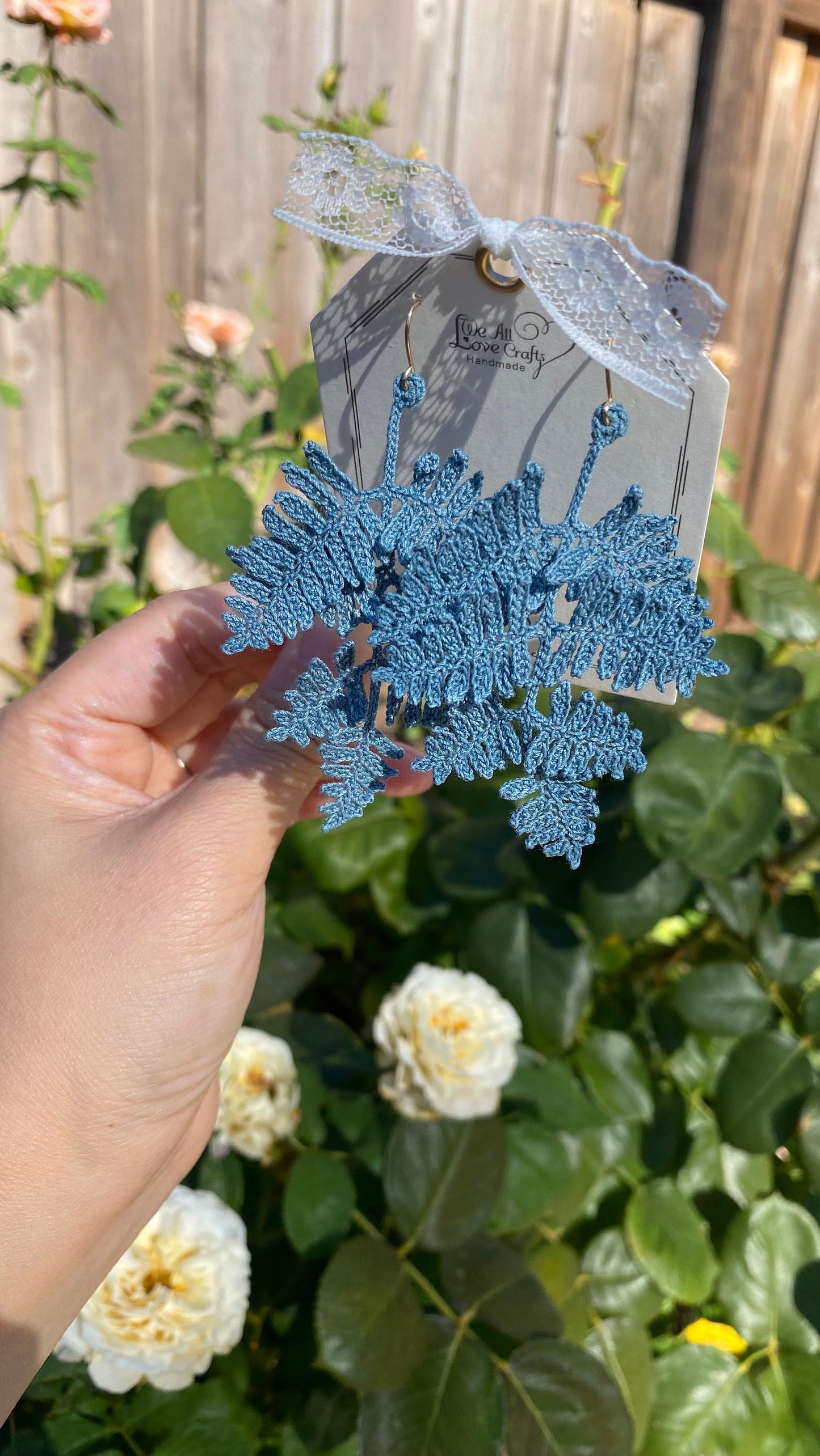 Grayish Blue ombre fern leaf crochet handmade dangle earrings/microcrochet/Knitted jewelry/Forest style/Indoor plant/Instagram/Ship from US