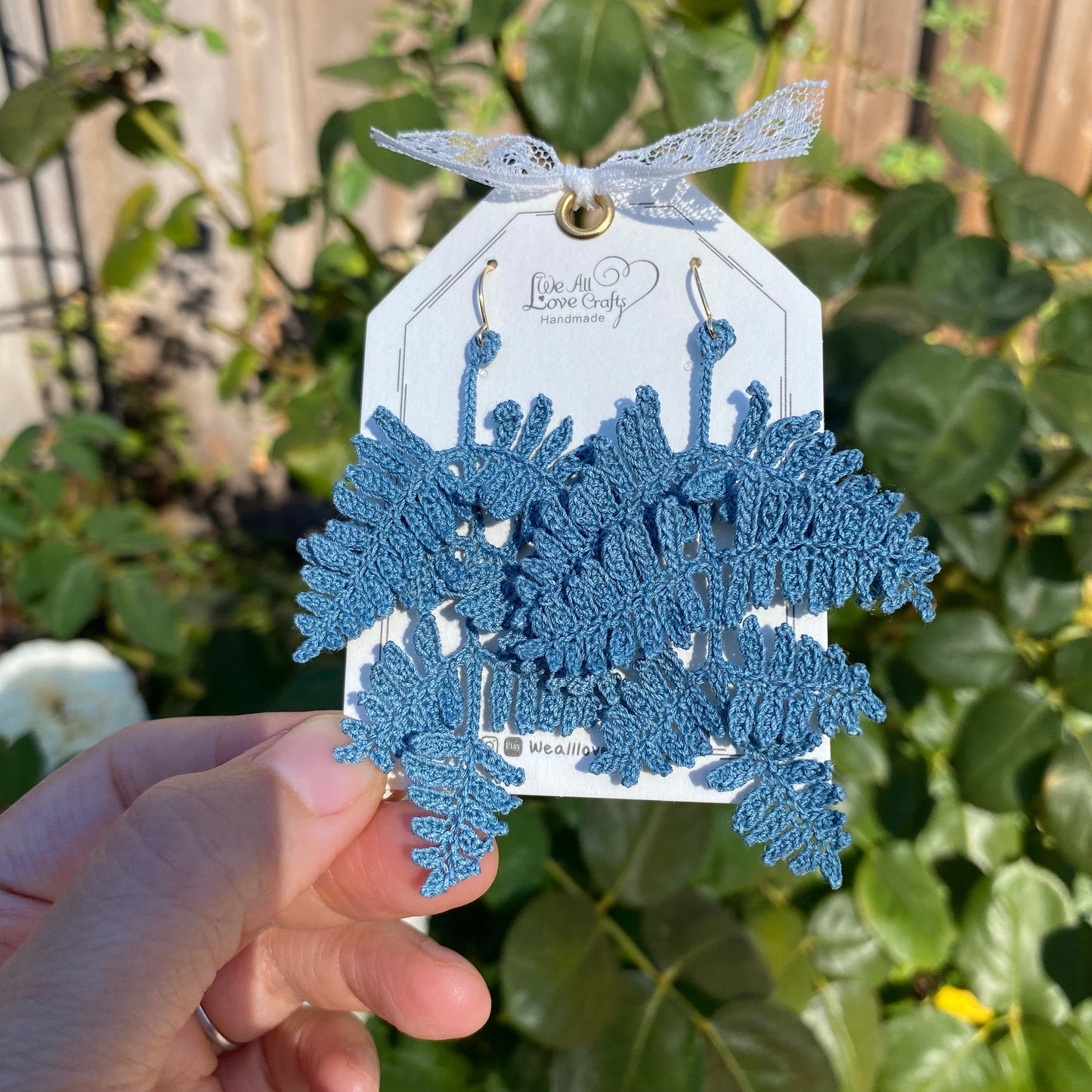 Load image into Gallery viewer, Grayish Blue ombre fern leaf crochet handmade dangle earrings/microcrochet/Knitted jewelry/Forest style/Indoor plant/Instagram/Ship from US
