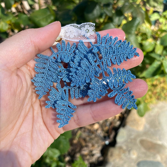 Load image into Gallery viewer, Grayish Blue ombre fern leaf crochet handmade dangle earrings/microcrochet/Knitted jewelry/Forest style/Indoor plant/Instagram/Ship from US
