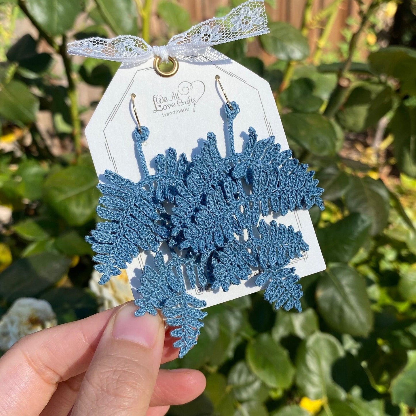 Grayish Blue ombre fern leaf crochet handmade dangle earrings/microcrochet/Knitted jewelry/Forest style/Indoor plant/Instagram/Ship from US
