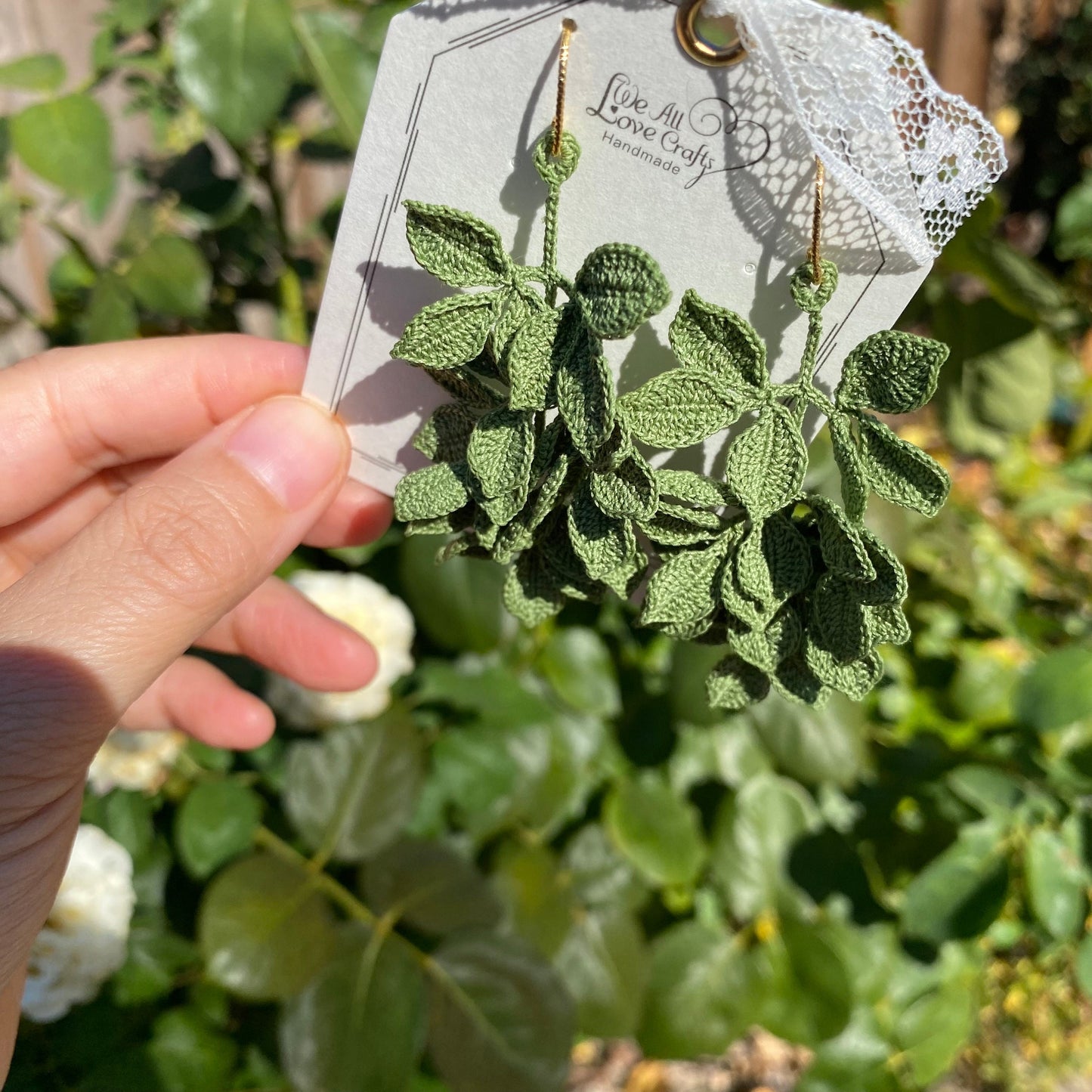 Green leaf vine branch crochet handmade dangle earrings/microcrochet/Knitted jewelry/Forest style/Indoor plant/Instagram/Ship from US