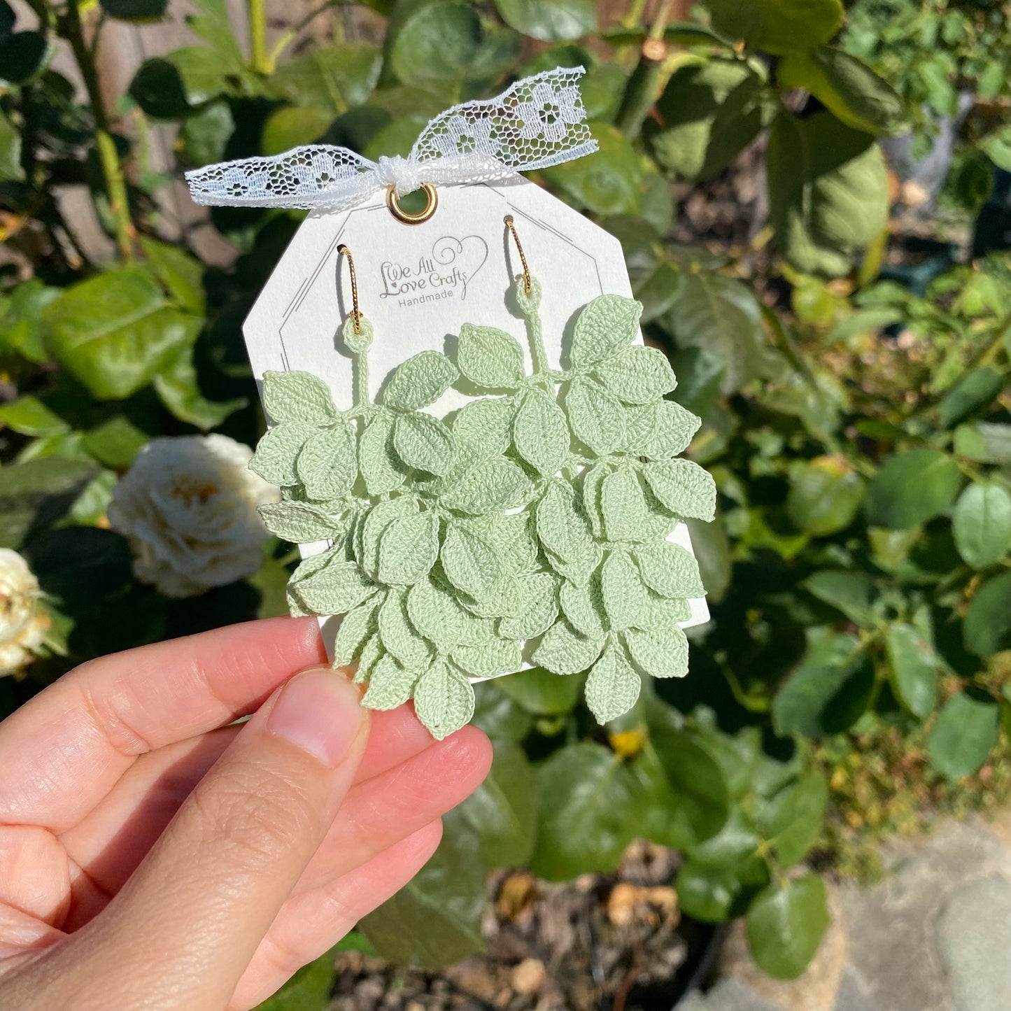 Pastel Green leaf vine branch crochet handmade dangle earrings/microcrochet/Knitted jewelry/Forest style/Indoor plant/Instagram/Ship from US