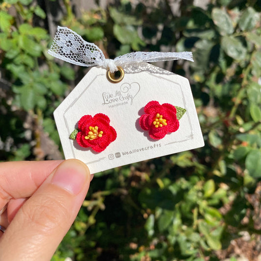 Red camellia flower crochet Stud earrings/Microcrochet/14k gold/gift for her/Knitting handmade jewelry/Ship from US