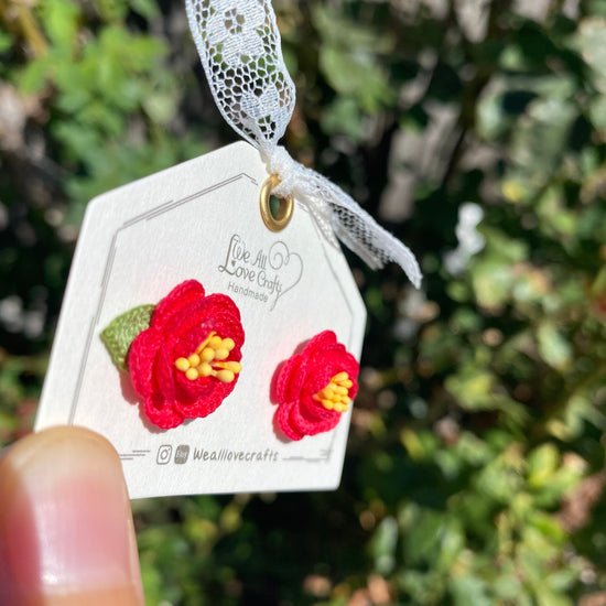 Red camellia flower crochet Stud earrings/Microcrochet/14k gold/gift for her/Knitting handmade jewelry/Ship from US