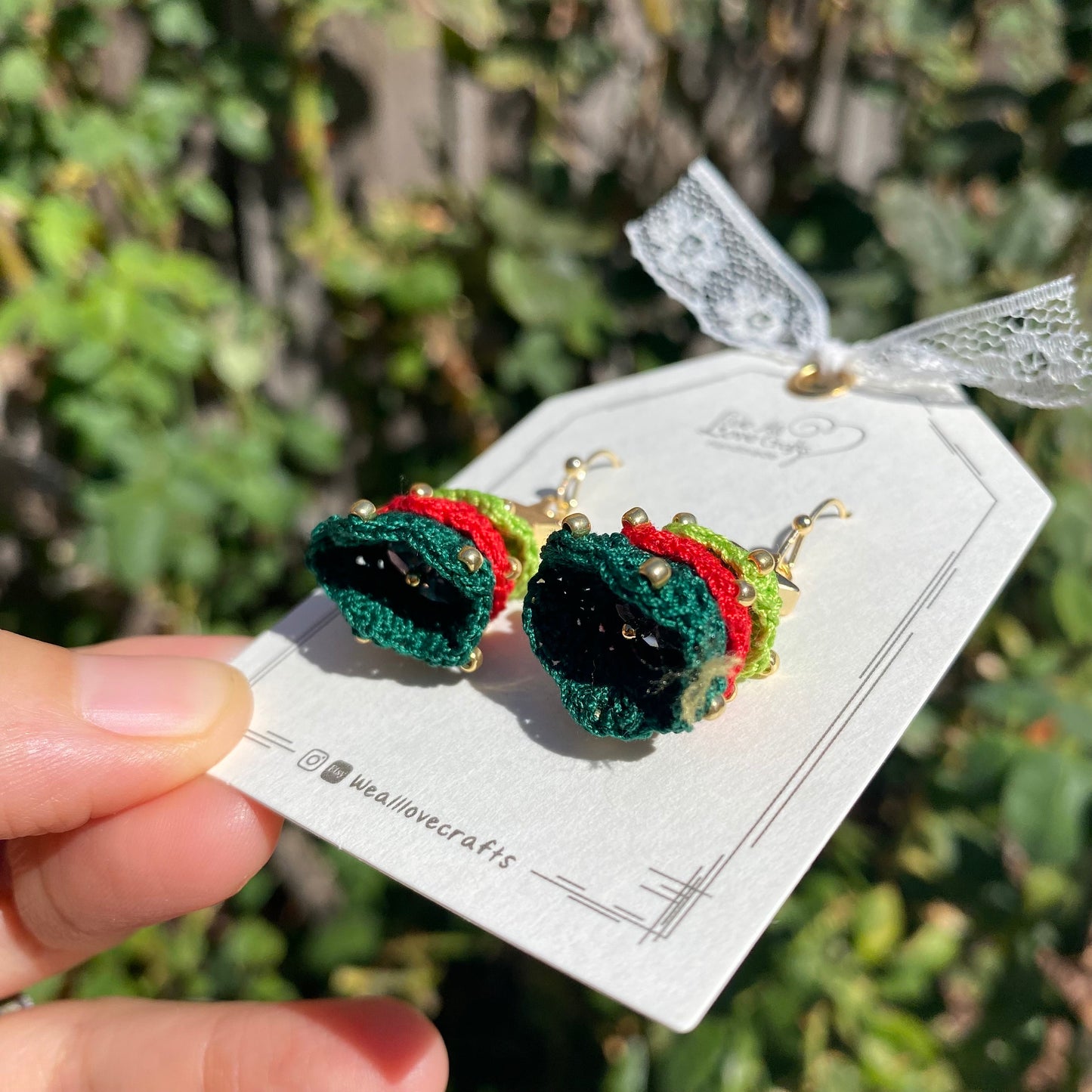 Christmas 3d layered tree crochet dangle earrings with beads/Red and Green/Microcrochet/gift for her/Knitting handmade jewelry/Ship from US