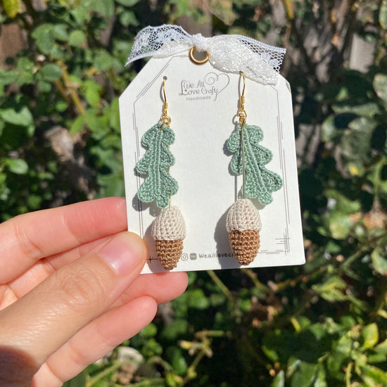 Load image into Gallery viewer, Christmas Acorn Crochet dangle earrings/Micro crochet /Handmade fall Winter embroidery jewelry/Christmas gift for her/14k/Ship from US
