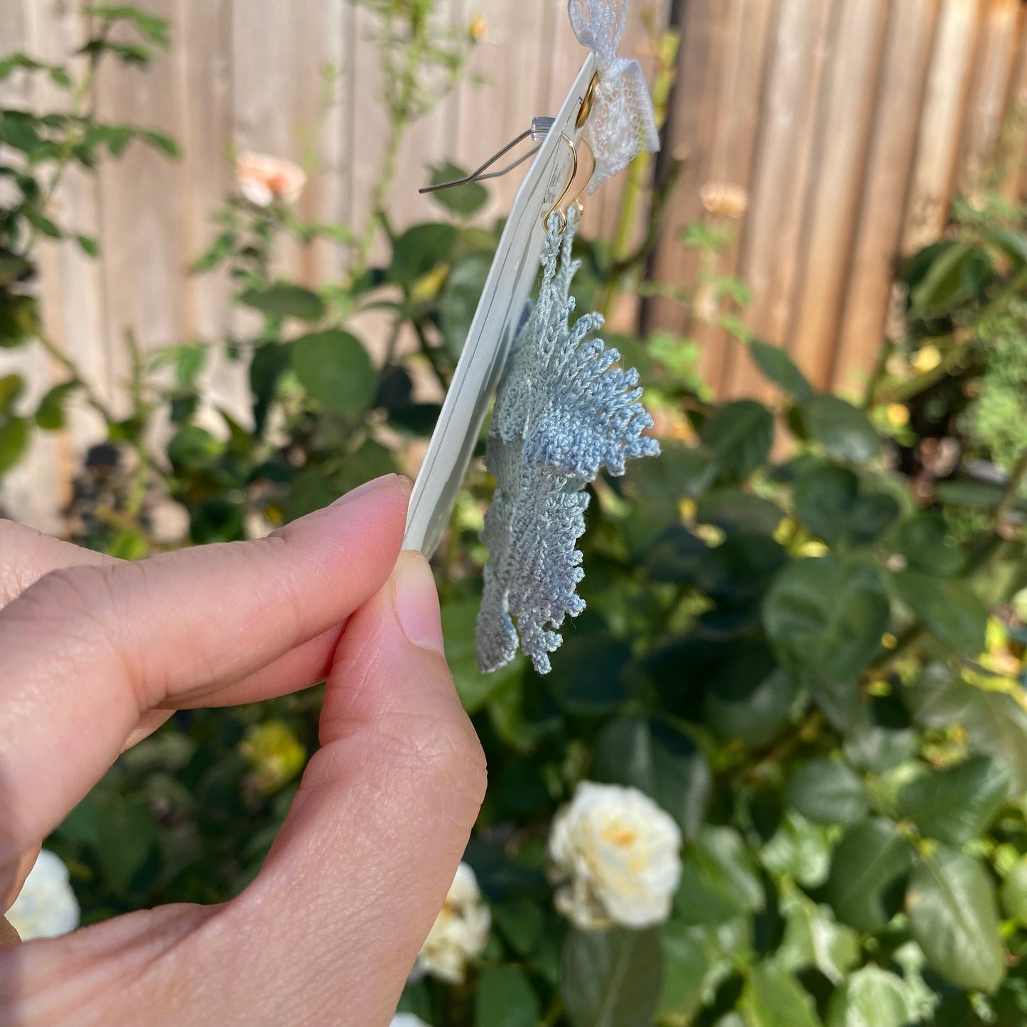 Grayish Green ombre fern leaf crochet handmade dangle earrings/microcrochet/Knitted jewelry/Forest style/Indoor plant/Instagram/Ship from US