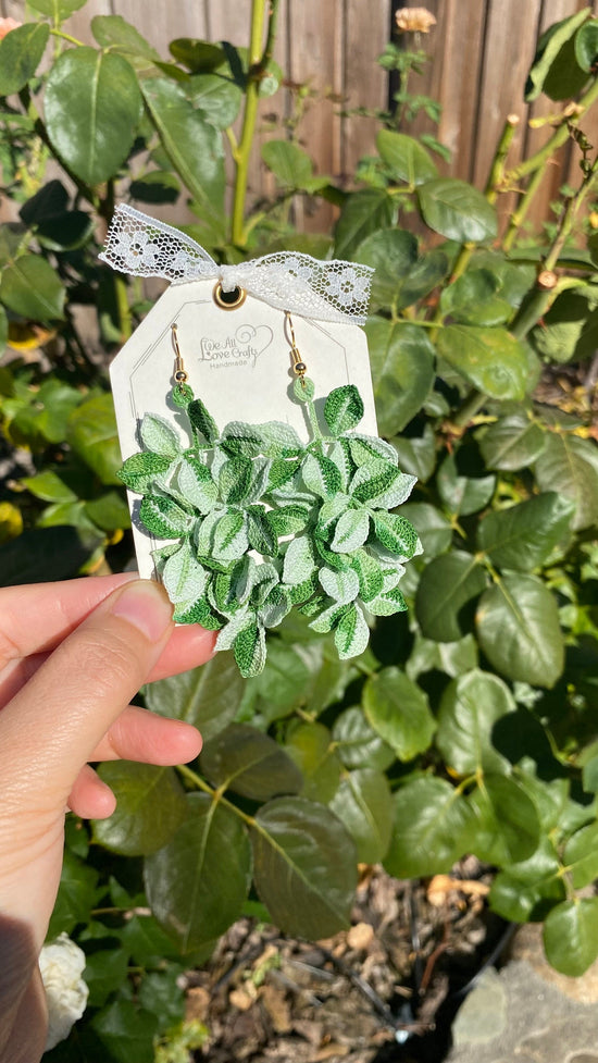 Green ombre leaf vine branch crochet handmade dangle earrings/microcrochet/Knitted jewelry/Forest style/Indoor plant/Instagram/Ship from US