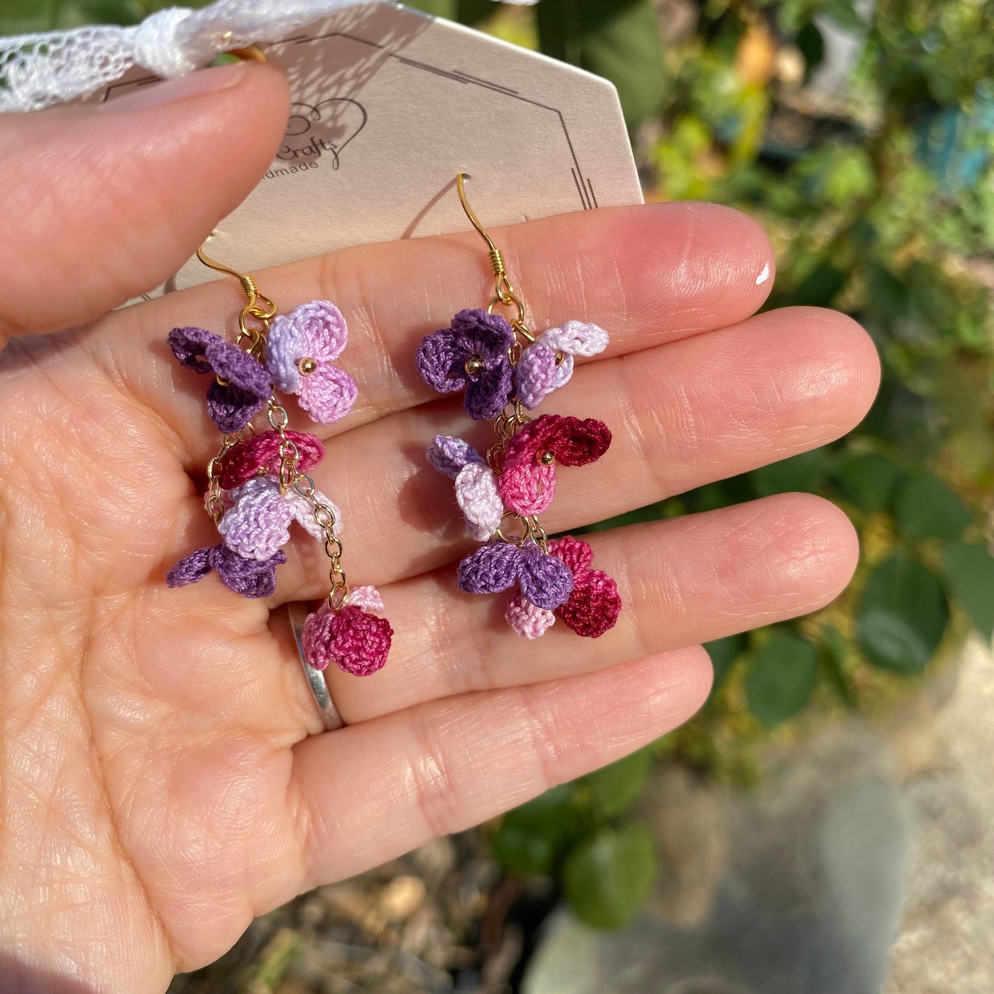 Purple Magenta Pink ombre flower cluster crochet dangle stud earrings/Micro crochet/14k gold/gift for her/Knitting handmade jewelry