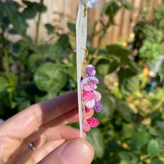 Purple Magenta Pink ombre flower cluster crochet dangle stud earrings/Micro crochet/14k gold/gift for her/Knitting handmade jewelry
