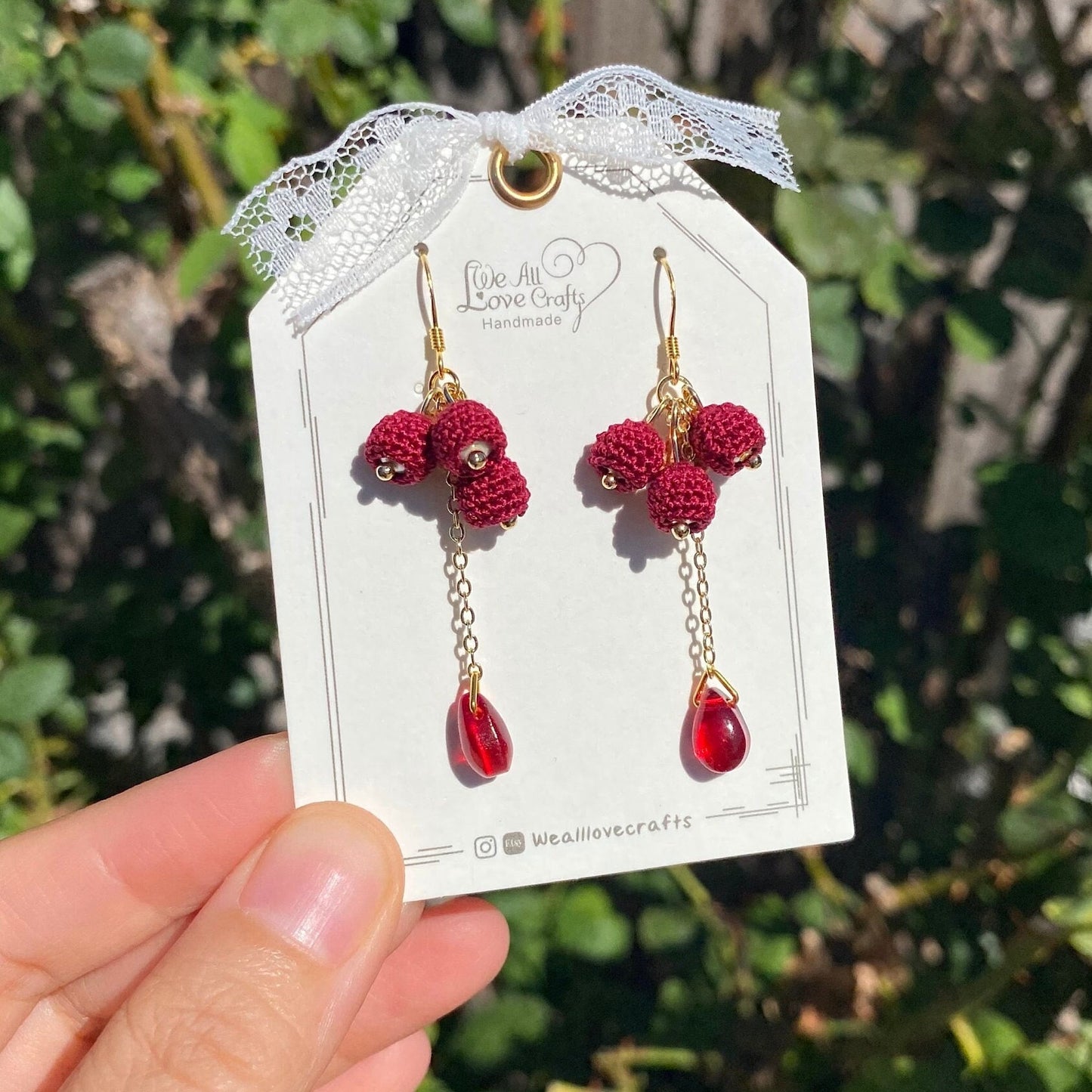 Christmas holiday Red berries with beads dangled earrings/Microcrochet/14k gold plated/Knitting handmade jewelry/Ship from US