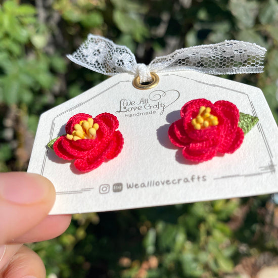 Red camellia flower crochet Stud earrings/Microcrochet/14k gold/gift for her/Knitting handmade jewelry/Ship from US