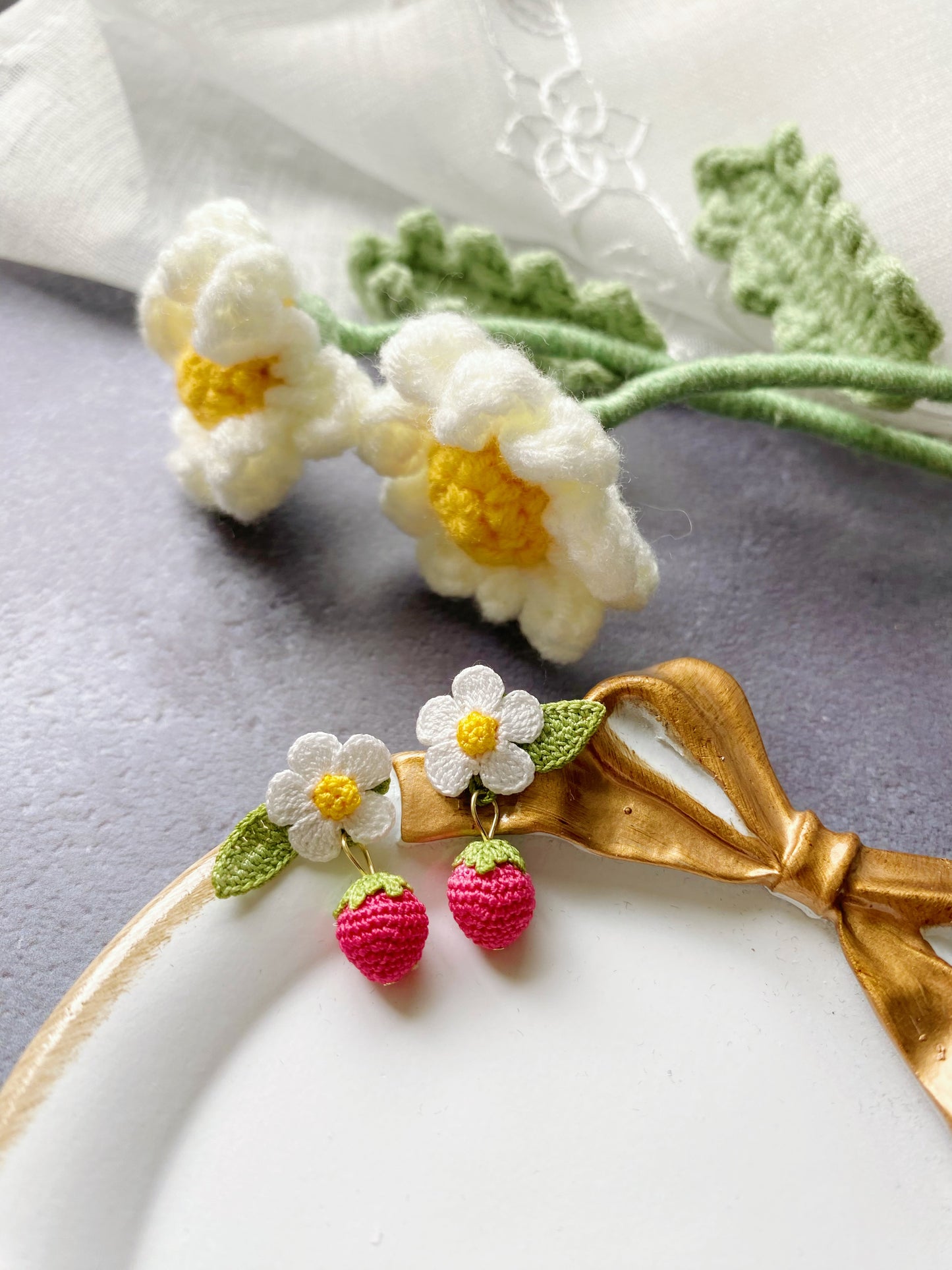 Strawberry with flower Micro Crochet Earrings